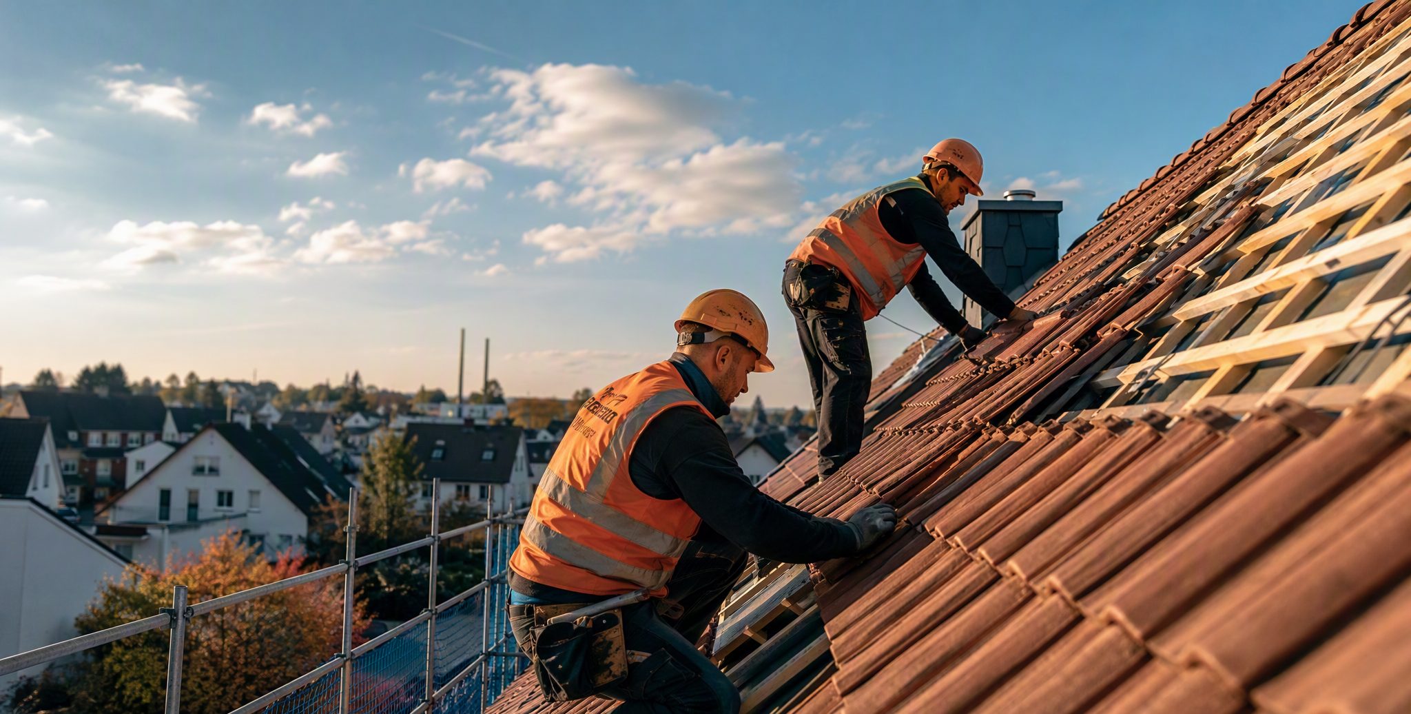 Dachdecker bei der Arbeit auf einem Ziegeldach